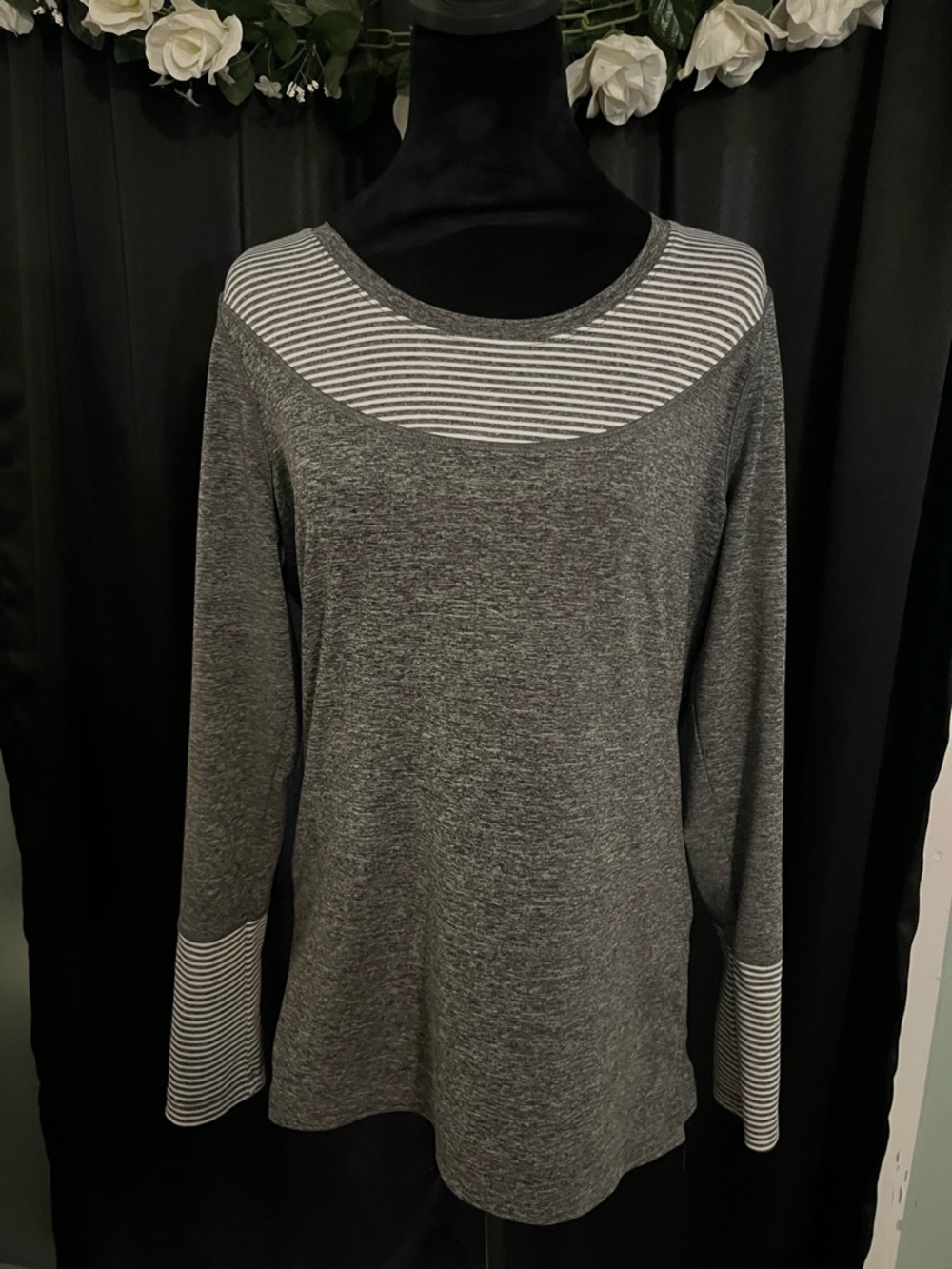 Gray Long Sleeve Top with Striped Yoke and Cuffs